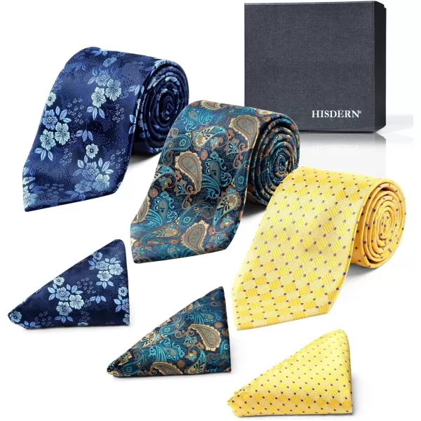 HISDERN Mens Ties and Pocket Square Set Business Elegant Ties for Men Classic Lot 3 Pcs Wedding Party Neckties &amp; Handkerchief