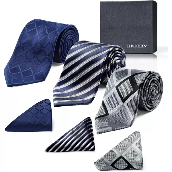 HISDERN Mens Ties and Pocket Square Set Business Elegant Ties for Men Classic Lot 3 Pcs Wedding Party Neckties &amp; Handkerchief