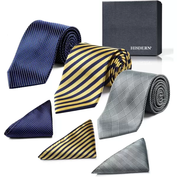 HISDERN Mens Ties and Pocket Square Set Business Elegant Ties for Men Classic Lot 3 Pcs Wedding Party Neckties &amp; Handkerchief