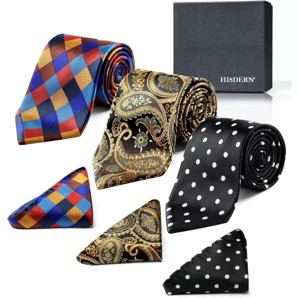 HISDERN Mens Ties and Pocket Square Set Business Elegant Ties for Men Classic Lot 3 Pcs Wedding Party Neckties &amp; Handkerchief