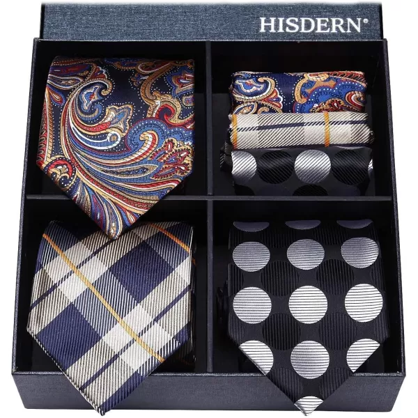 HISDERN Mens Ties and Pocket Square Set Business Elegant Ties for Men Classic Lot 3 Pcs Wedding Party Neckties &amp; Handkerchief