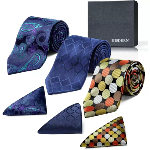 HISDERN Mens Ties and Pocket Square Set Business Elegant Ties for Men Classic Lot 3 Pcs Wedding Party Neckties &amp; Handkerchief