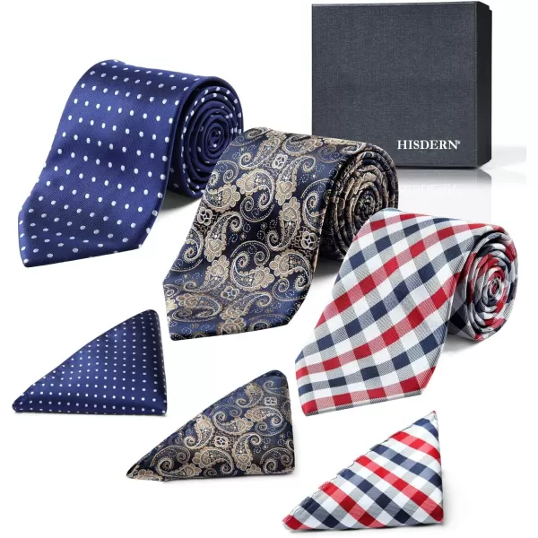 HISDERN Mens Ties and Pocket Square Set Business Elegant Ties for Men Classic Lot 3 Pcs Wedding Party Neckties &amp; Handkerchief