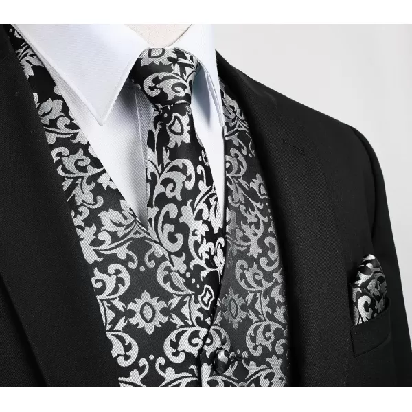 HISDERN Mens Vest Tie Set 3PC Formal Waistcoat Paisley Floral Jacquard Necktie Pocket Square Suit Vests Wedding Party