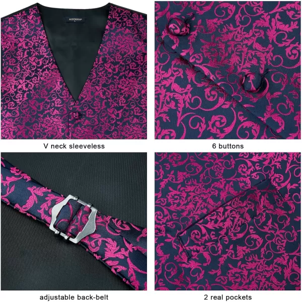 HISDERN Mens Vest Tie Set 3PC Formal Waistcoat Paisley Floral Jacquard Necktie Pocket Square Suit Vests Wedding Party