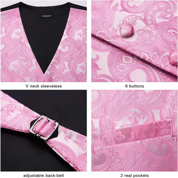 HISDERN Mens Vest Tie Set 3PC Formal Waistcoat Paisley Floral Jacquard Necktie Pocket Square Suit Vests Wedding Party