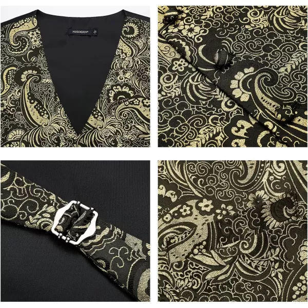 HISDERN Mens Vest Tie Set 3PC Formal Waistcoat Paisley Floral Jacquard Necktie Pocket Square Suit Vests Wedding Party