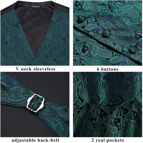 HISDERN Mens Vest Tie Set 3PC Formal Waistcoat Paisley Floral Jacquard Necktie Pocket Square Suit Vests Wedding Party