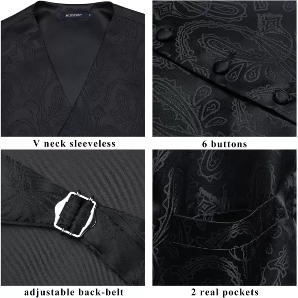 HISDERN Mens Vest Tie Set 3PC Formal Waistcoat Paisley Floral Jacquard Necktie Pocket Square Suit Vests Wedding Party
