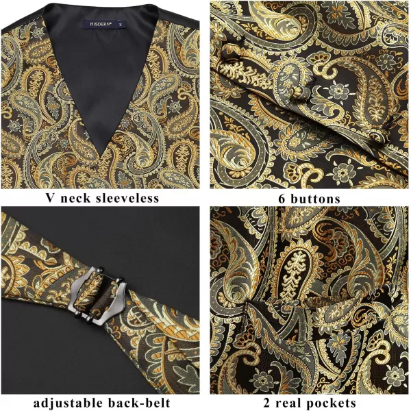 HISDERN Mens Vest Tie Set 3PC Formal Waistcoat Paisley Floral Jacquard Necktie Pocket Square Suit Vests Wedding Party