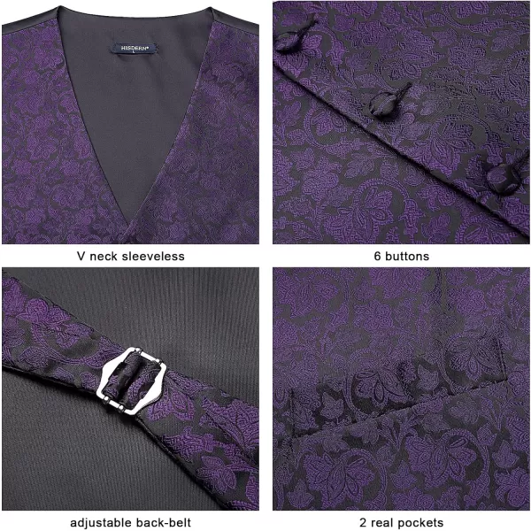 HISDERN Mens Vest Tie Set 3PC Formal Waistcoat Paisley Floral Jacquard Necktie Pocket Square Suit Vests Wedding Party