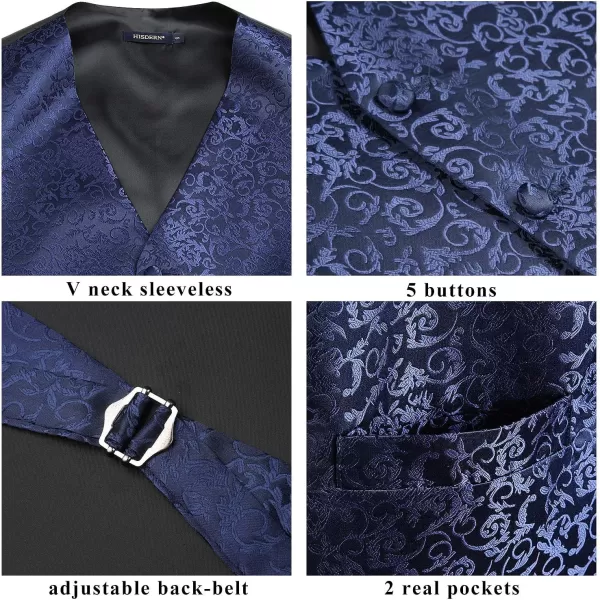 HISDERN Mens Vest Tie Set 3PC Formal Waistcoat Paisley Floral Jacquard Necktie Pocket Square Suit Vests Wedding Party