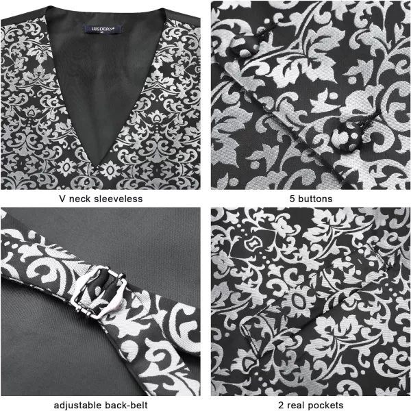 HISDERN Mens Vest Tie Set 3PC Formal Waistcoat Paisley Floral Jacquard Necktie Pocket Square Suit Vests Wedding Party