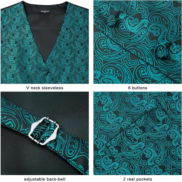 HISDERN Mens Vest Tie Set 3PC Formal Waistcoat Paisley Floral Jacquard Necktie Pocket Square Suit Vests Wedding Party