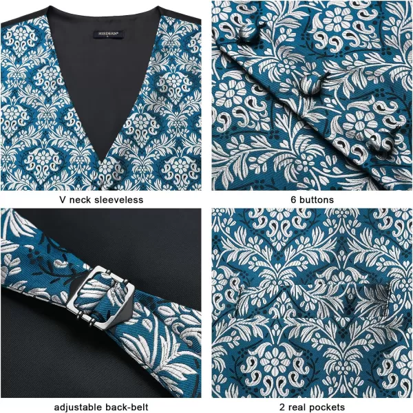 HISDERN Mens Vest Tie Set 3PC Formal Waistcoat Paisley Floral Jacquard Necktie Pocket Square Suit Vests Wedding Party