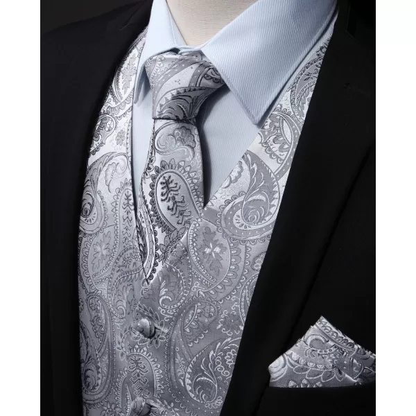 HISDERN Mens Vest Tie Set 3PC Formal Waistcoat Paisley Floral Jacquard Necktie Pocket Square Suit Vests Wedding Party
