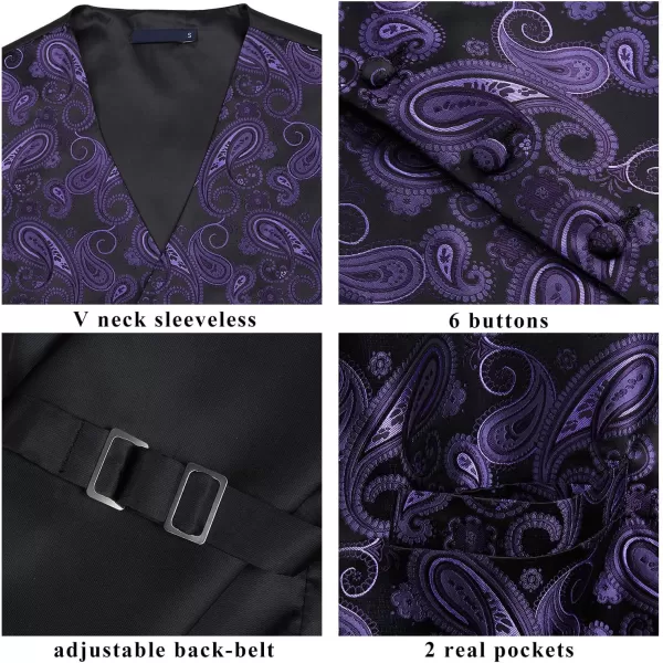 HISDERN Mens Vest Tie Set 3PC Formal Waistcoat Paisley Floral Jacquard Necktie Pocket Square Suit Vests Wedding Party