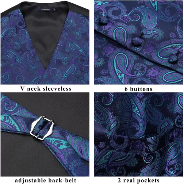 HISDERN Mens Vest Tie Set 3PC Formal Waistcoat Paisley Floral Jacquard Necktie Pocket Square Suit Vests Wedding Party