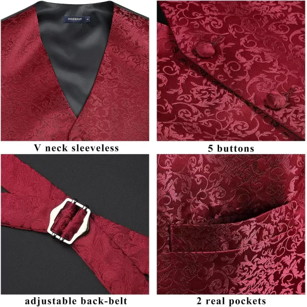 HISDERN Mens Vest Tie Set 3PC Formal Waistcoat Paisley Floral Jacquard Necktie Pocket Square Suit Vests Wedding Party