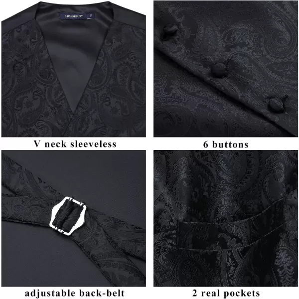 HISDERN Mens Vest Tie Set 3PC Formal Waistcoat Paisley Floral Jacquard Necktie Pocket Square Suit Vests Wedding Party