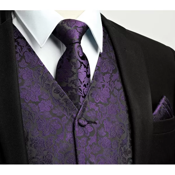 HISDERN Mens Vest Tie Set 3PC Formal Waistcoat Paisley Floral Jacquard Necktie Pocket Square Suit Vests Wedding Party