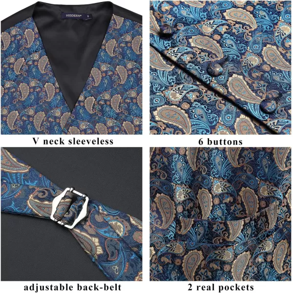 HISDERN Mens Vest Tie Set 3PC Formal Waistcoat Paisley Floral Jacquard Necktie Pocket Square Suit Vests Wedding Party