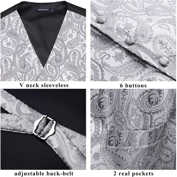HISDERN Mens Vest Tie Set 3PC Formal Waistcoat Paisley Floral Jacquard Necktie Pocket Square Suit Vests Wedding Party