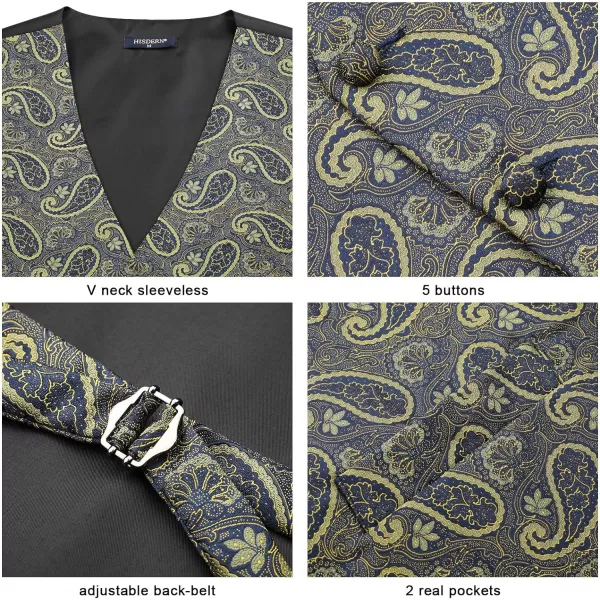 HISDERN Mens Vest Tie Set 3PC Formal Waistcoat Paisley Floral Jacquard Necktie Pocket Square Suit Vests Wedding Party