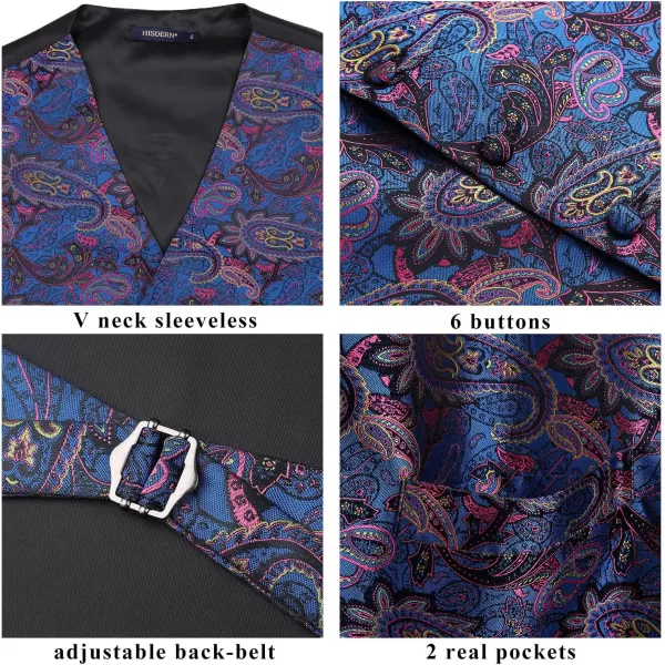 HISDERN Mens Vest Tie Set 3PC Formal Waistcoat Paisley Floral Jacquard Necktie Pocket Square Suit Vests Wedding Party