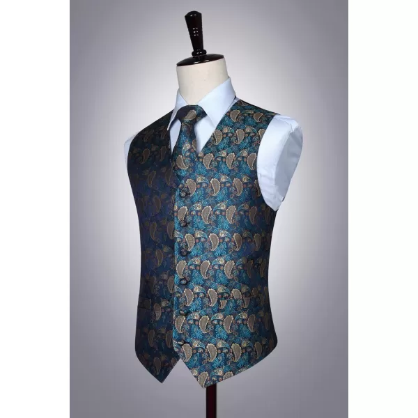 HISDERN Mens Vest Tie Set 3PC Formal Waistcoat Paisley Floral Jacquard Necktie Pocket Square Suit Vests Wedding Party