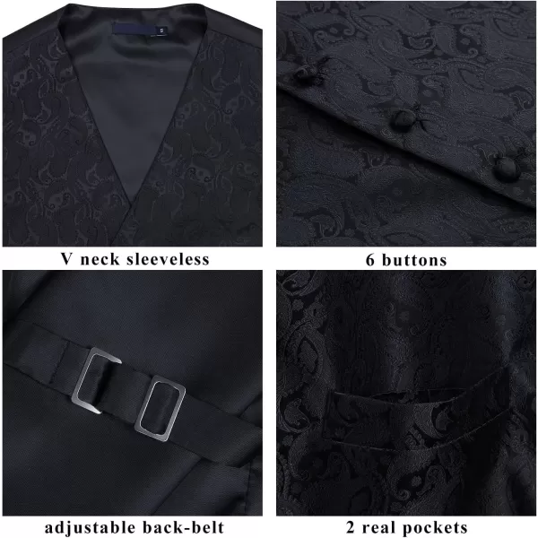 HISDERN Mens Vest Tie Set 3PC Formal Waistcoat Paisley Floral Jacquard Necktie Pocket Square Suit Vests Wedding Party