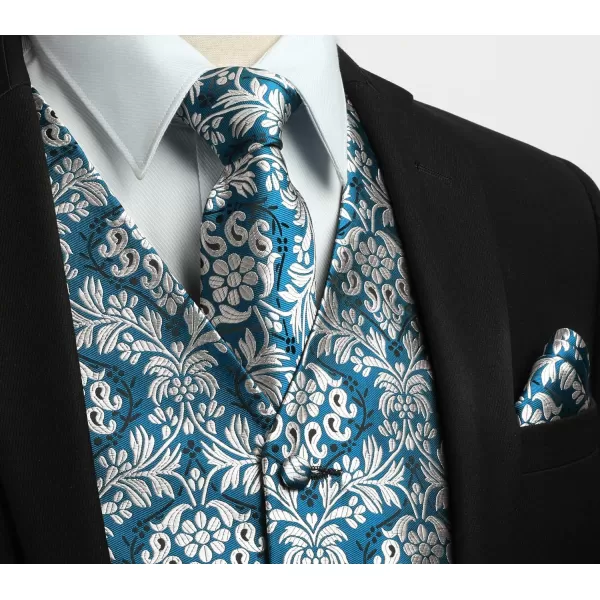 HISDERN Mens Vest Tie Set 3PC Formal Waistcoat Paisley Floral Jacquard Necktie Pocket Square Suit Vests Wedding Party