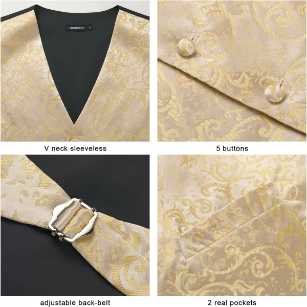 HISDERN Men's Vest Tie Set Paisley Floral Jacquard Necktie Pocket Square 3PCS Waistcoat for Suit or Tuxedo Wedding Party
