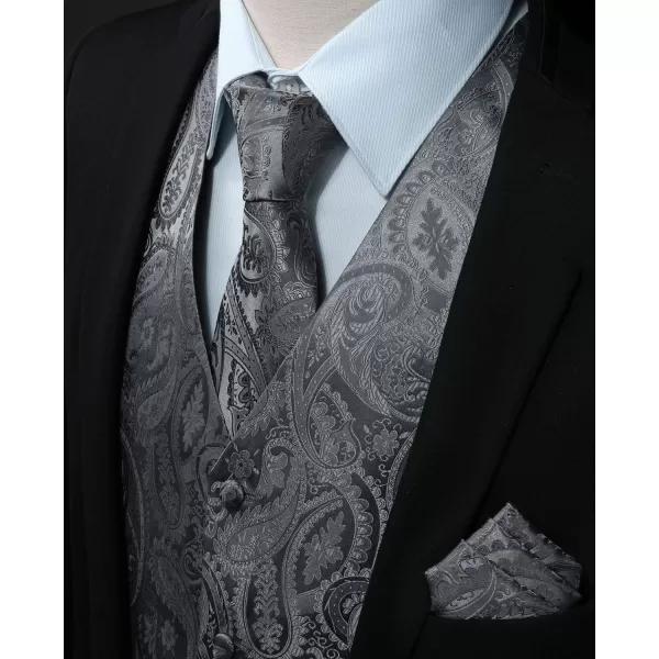 HISDERN Men's Vest Tie Set Paisley Floral Jacquard Necktie Pocket Square 3PCS Waistcoat for Suit or Tuxedo Wedding Party