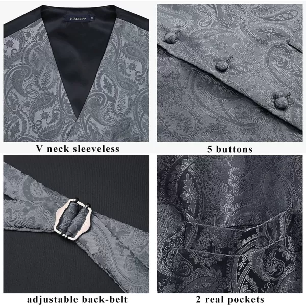HISDERN Men's Vest Tie Set Paisley Floral Jacquard Necktie Pocket Square 3PCS Waistcoat for Suit or Tuxedo Wedding Party