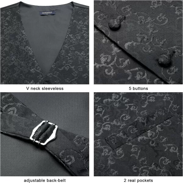 HISDERN Men's Vest Tie Set Paisley Floral Jacquard Necktie Pocket Square 3PCS Waistcoat for Suit or Tuxedo Wedding Party