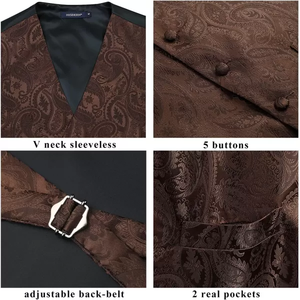 HISDERN Men's Vest Tie Set Paisley Floral Jacquard Necktie Pocket Square 3PCS Waistcoat for Suit or Tuxedo Wedding Party
