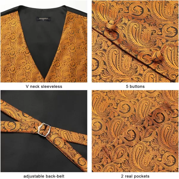 HISDERN Men's Vest Tie Set Paisley Floral Jacquard Necktie Pocket Square 3PCS Waistcoat for Suit or Tuxedo Wedding Party