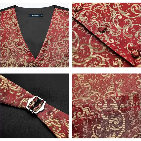HISDERN Men's Vest Tie Set Paisley Floral Jacquard Necktie Pocket Square 3PCS Waistcoat for Suit or Tuxedo Wedding Party