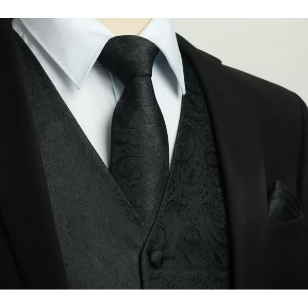 HISDERN Men's Vest Tie Set Paisley Floral Jacquard Necktie Pocket Square 3PCS Waistcoat for Suit or Tuxedo Wedding Party