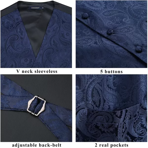 HISDERN Men's Vest Tie Set Paisley Floral Jacquard Necktie Pocket Square 3PCS Waistcoat for Suit or Tuxedo Wedding Party