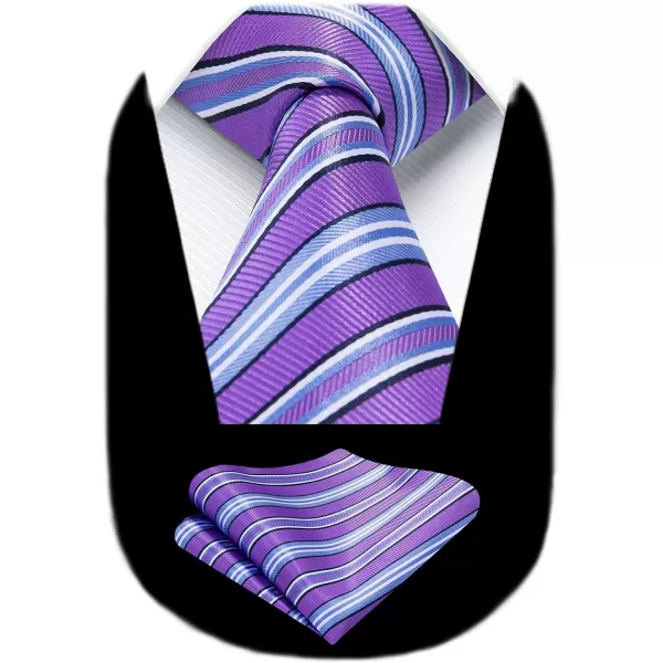 HISDERN Stripe Tie Mens Ties with Pocket Square Set Classic 3.4'' Silk Formal Necktie Handkerchief for Business Wedding