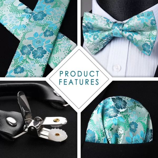 HISDERN Suspenders for Men Paisley Floral Bow tie Suspender Pocket Square Sets Adjustable Y Shape 6 Clips Wedding Braces
