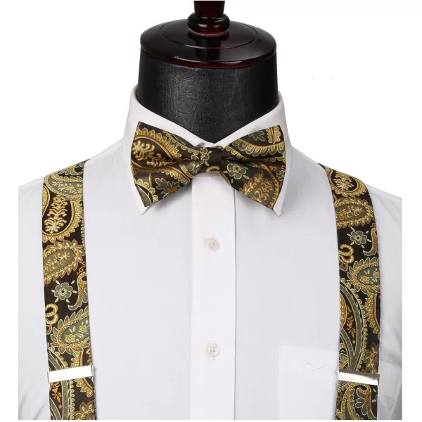 HISDERN Suspenders for Men Paisley Floral Bow tie Suspender Pocket Square Sets Adjustable Y Shape 6 Clips Wedding Braces