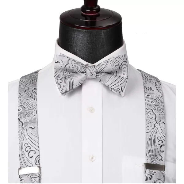 HISDERN Suspenders for Men Paisley Floral Bow tie Suspender Pocket Square Sets Adjustable Y Shape 6 Clips Wedding Braces