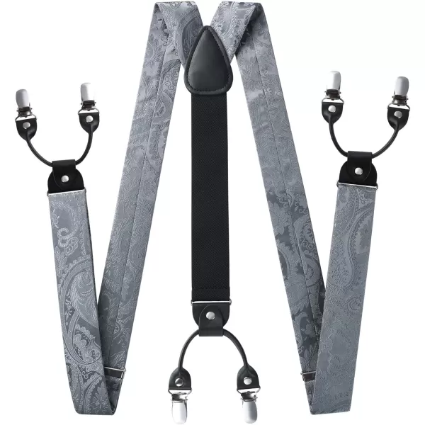 HISDERN Suspenders for Men Paisley Floral Bow tie Suspender Pocket Square Sets Adjustable Y Shape 6 Clips Wedding Braces