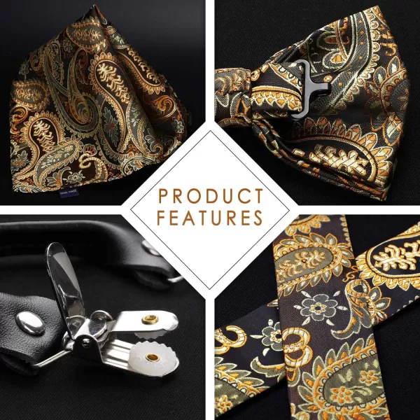 HISDERN Suspenders for Men Paisley Floral Bow tie Suspender Pocket Square Sets Adjustable Y Shape 6 Clips Wedding Braces