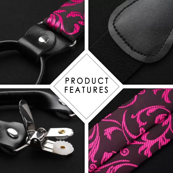 HISDERN Suspenders for Men Paisley Floral Bow tie Suspender Pocket Square Sets Adjustable Y Shape 6 Clips Wedding Braces