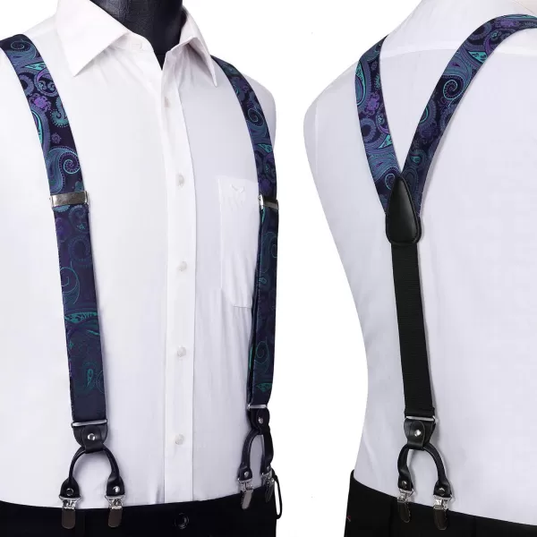 HISDERN Suspenders for Men Paisley Floral Bow tie Suspender Pocket Square Sets Adjustable Y Shape 6 Clips Wedding Braces