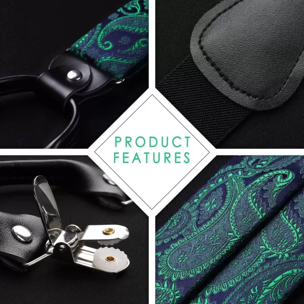 HISDERN Suspenders for Men Paisley Floral Bow tie Suspender Pocket Square Sets Adjustable Y Shape 6 Clips Wedding Braces